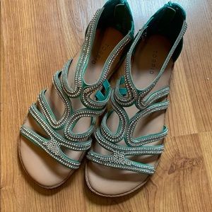 One pair of size 8.5 teal Torrid zip up sandals